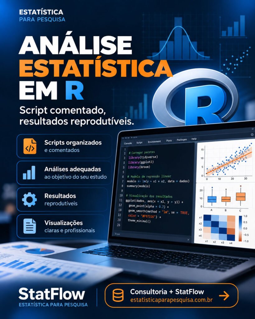 Análise estatística em R com scripts comentados e resultados reprodutíveis.